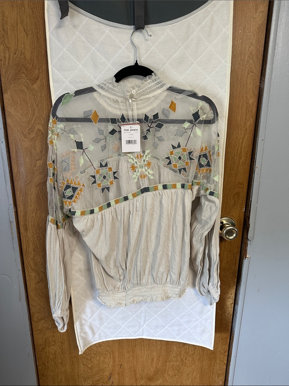 Free People Cream Sheer Yoke Embroidered Blouse - Picture 3 of 7